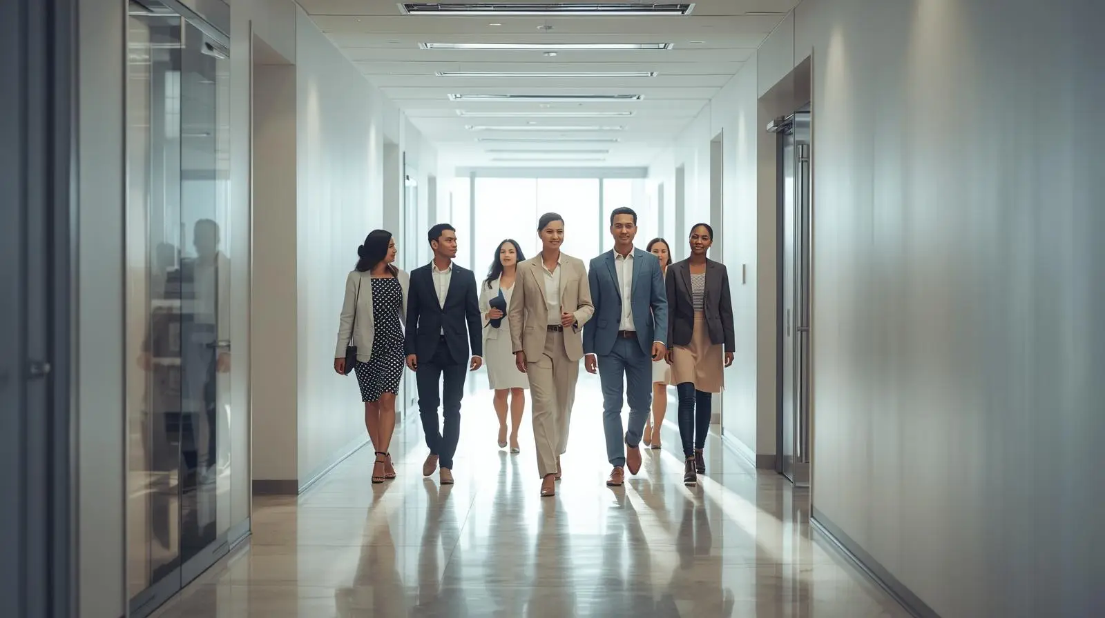 Wide shot of a small team walking together