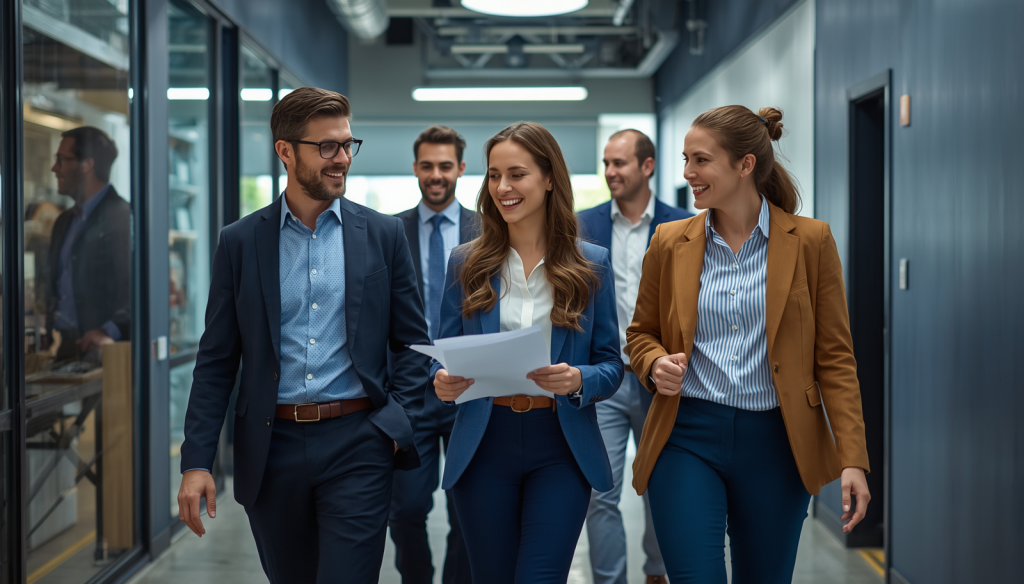 A modern business team walking together