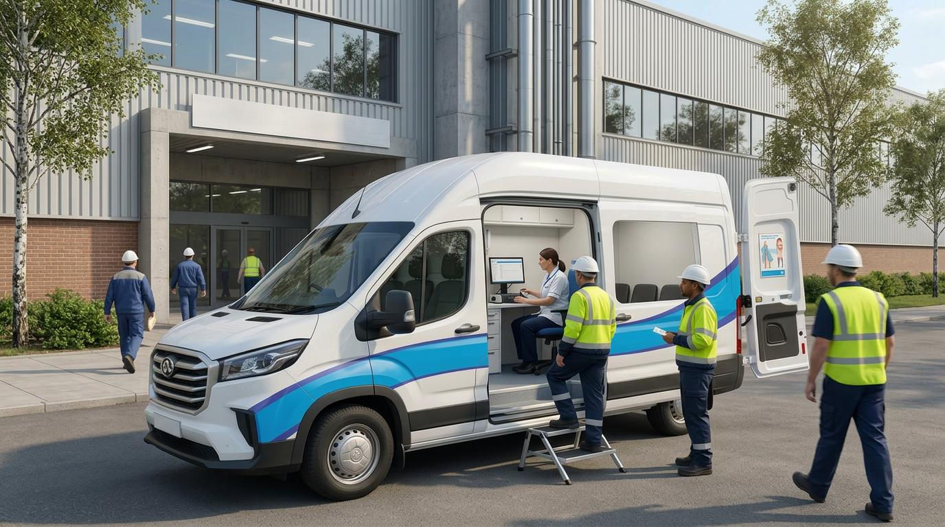 A modern mobile occupational health unit parked