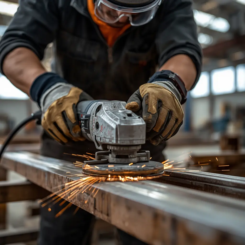Construction worker using a powered angle grinder