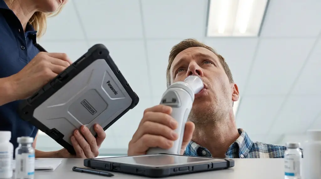 Create a completely different composition and angle showing the spirometry test