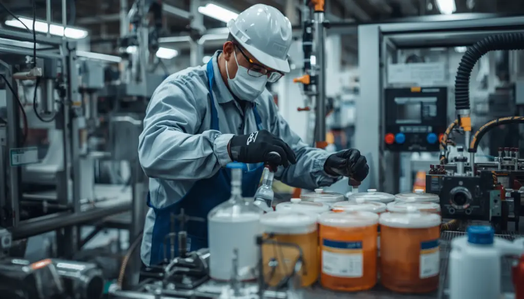 Manufacturing employee safely handling industrial chemicals
