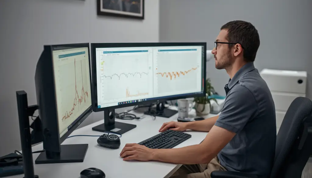 Occupational health professional analysing hearing assessment data