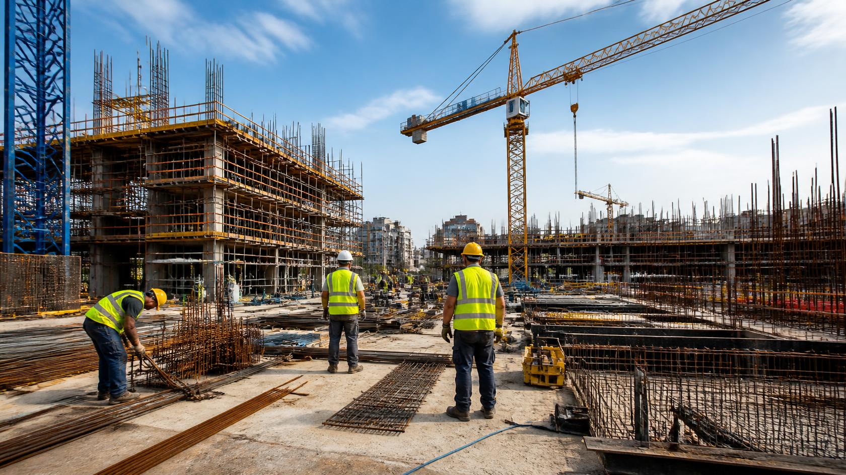 construction site. Include cranes, scaffolding, partially built structures, and workers